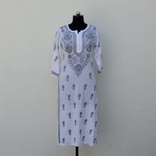 Load image into Gallery viewer, White Rayon Potli Buttoned Kurta with Grey Threadwork
