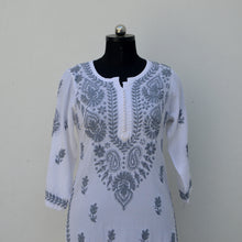 Load image into Gallery viewer, White Rayon Potli Buttoned Kurta with Grey Threadwork
